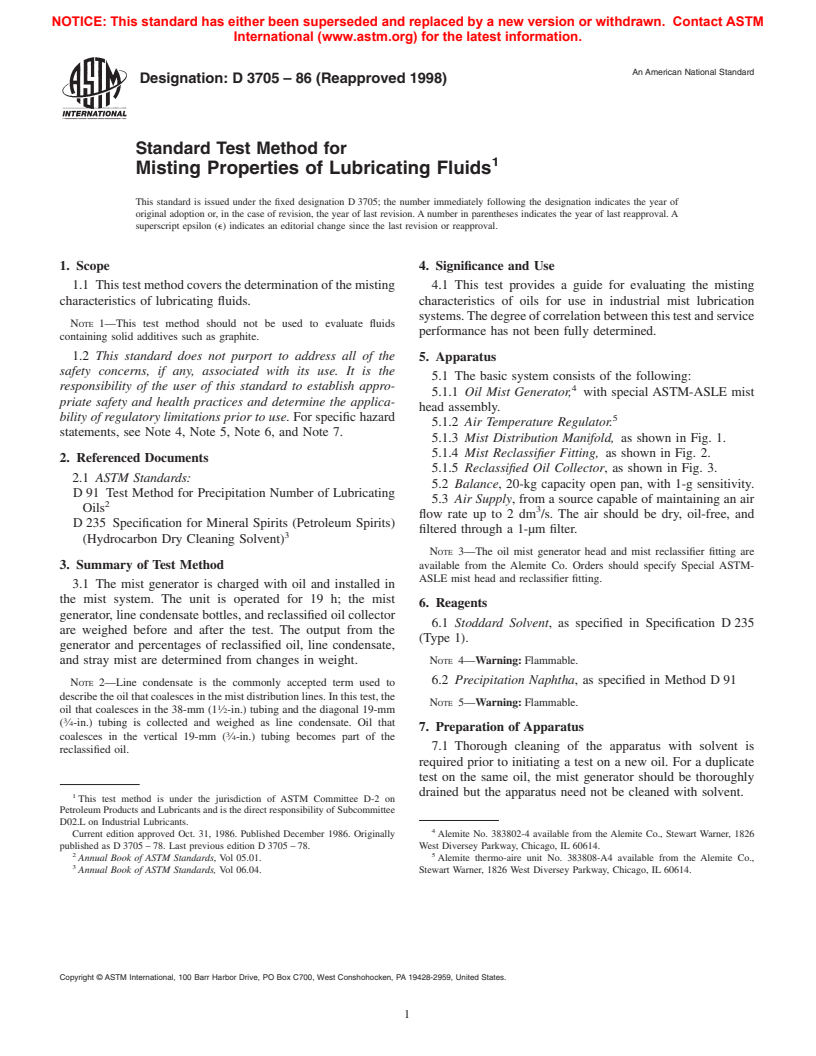 ASTM D3705-86(1998) - Standard Test Method for Misting Properties of Lubricating Fluids