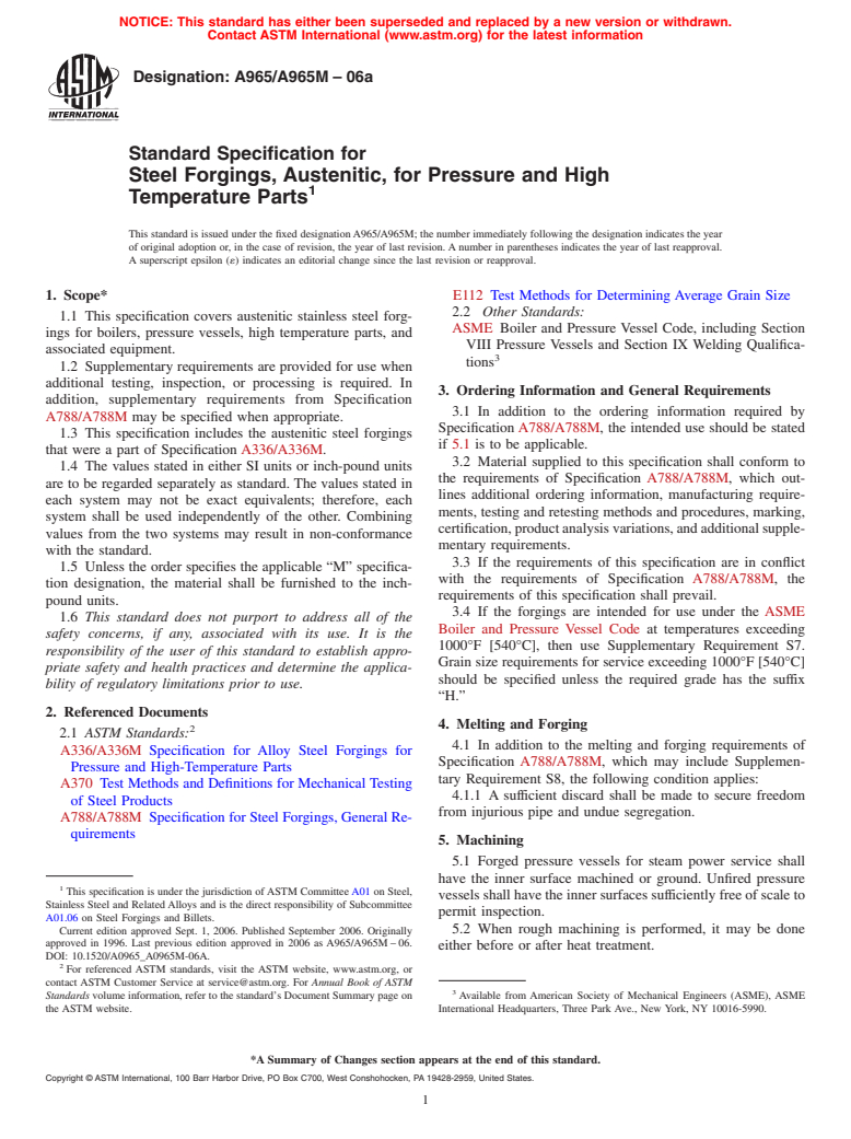 ASTM A965/A965M-06a - Standard Specification for Steel Forgings, Austenitic, for Pressure and High Temperature Parts