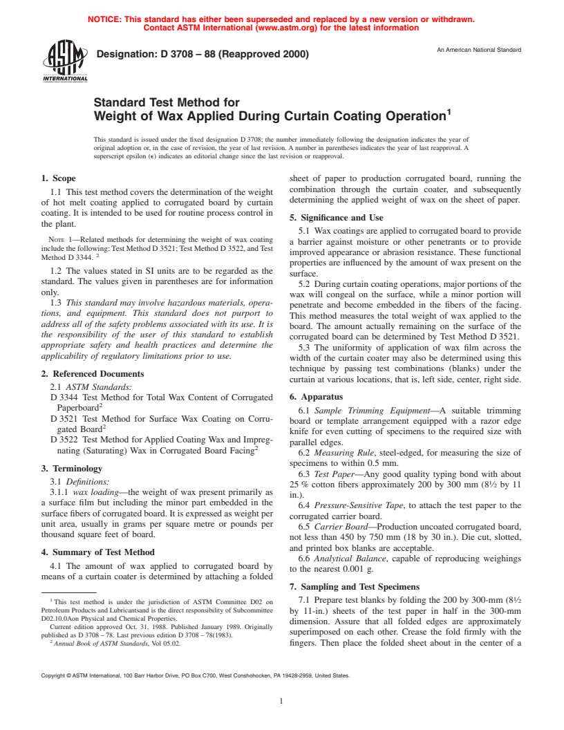 ASTM D3708-88(2000) - Standard Test Method for Weight of Wax Applied During Curtain Coating Operation