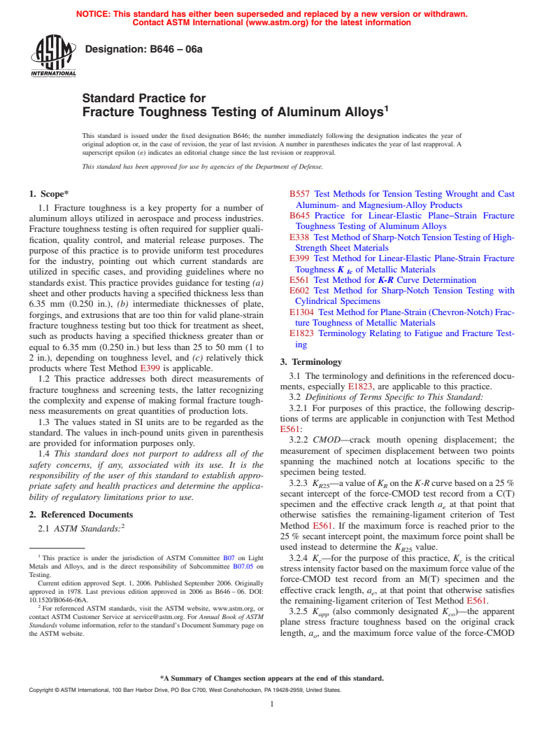ASTM B646-06a - Standard Practice for Fracture Toughness Testing of Aluminum Alloys