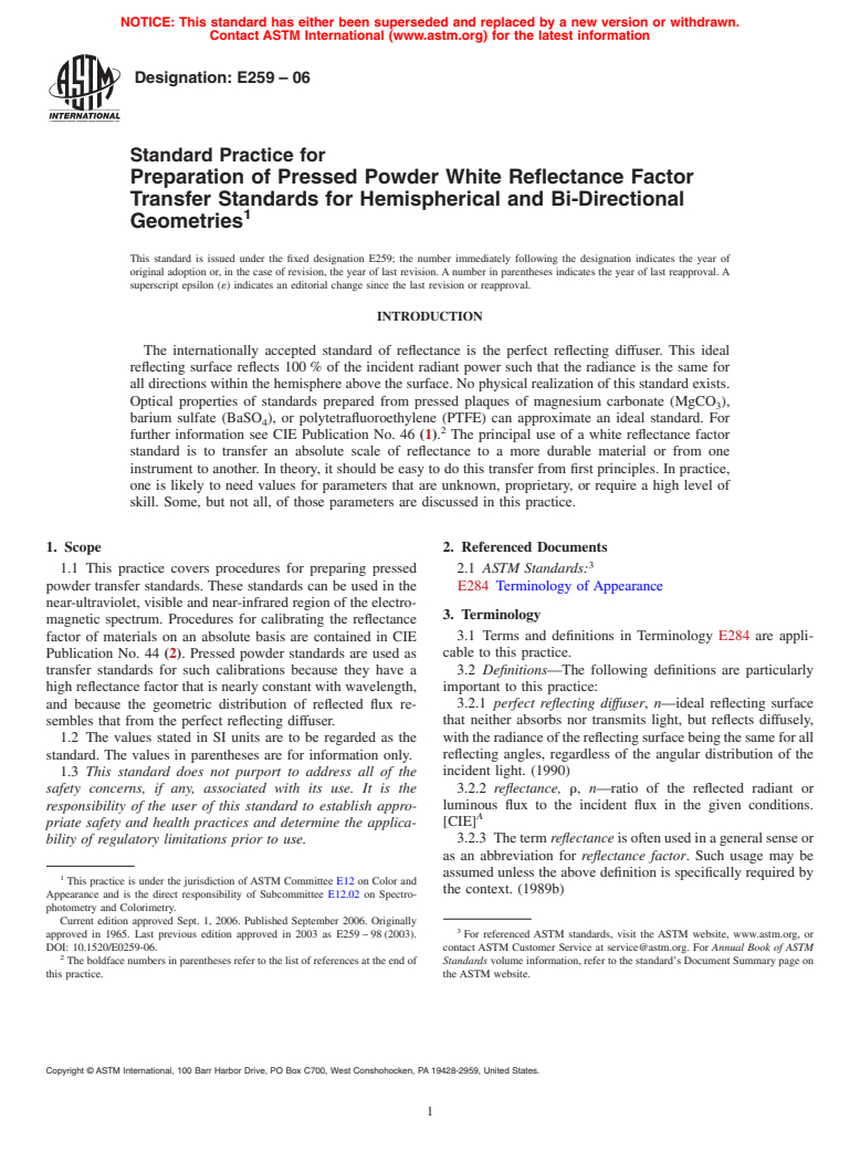 ASTM E259-06 - Standard Practice for Preparation of Pressed Powder White Reflectance Factor Transfer Standards for Hemispherical and Bi-Directional Geometries