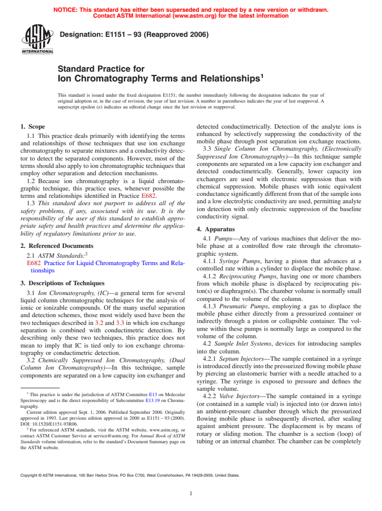 ASTM E1151-93(2006) - Standard Practice for Ion Chromatography Terms and Relationships