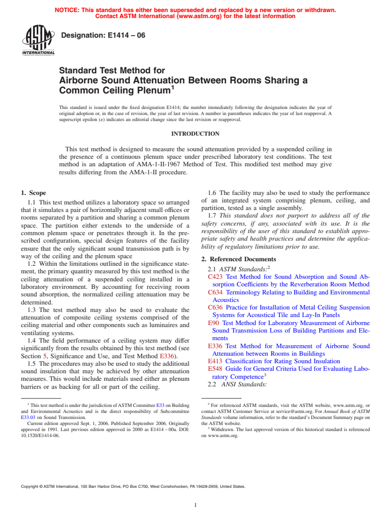 ASTM E1414-06 - Standard Test Method for Airborne Sound Attenuation Between Rooms Sharing a Common Ceiling Plenum