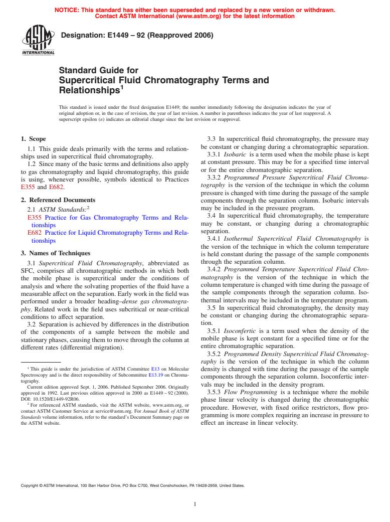 ASTM E1449-92(2006) - Standard Guide for Supercritical Fluid Chromatography Terms and Relationships