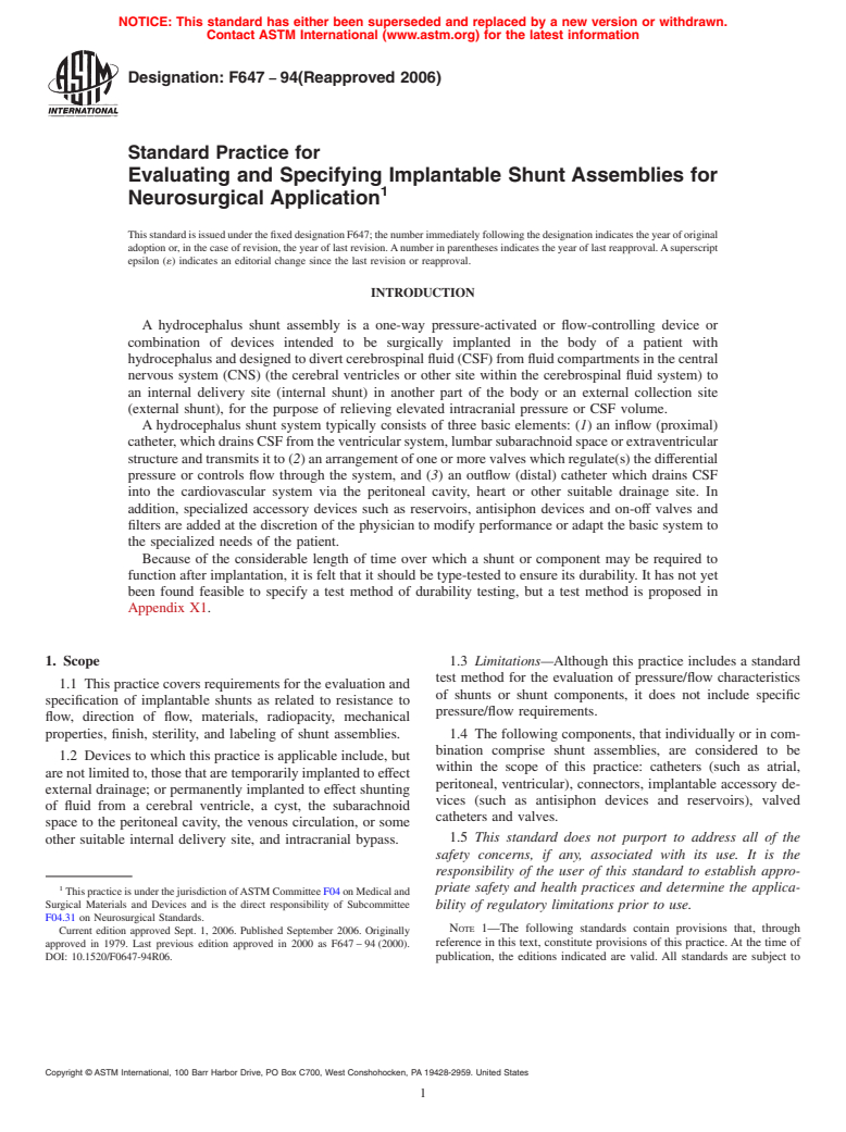 ASTM F647-94(2006) - Standard Practice for Evaluating and Specifying Implantable Shunt Assemblies for Neurosurgical Application