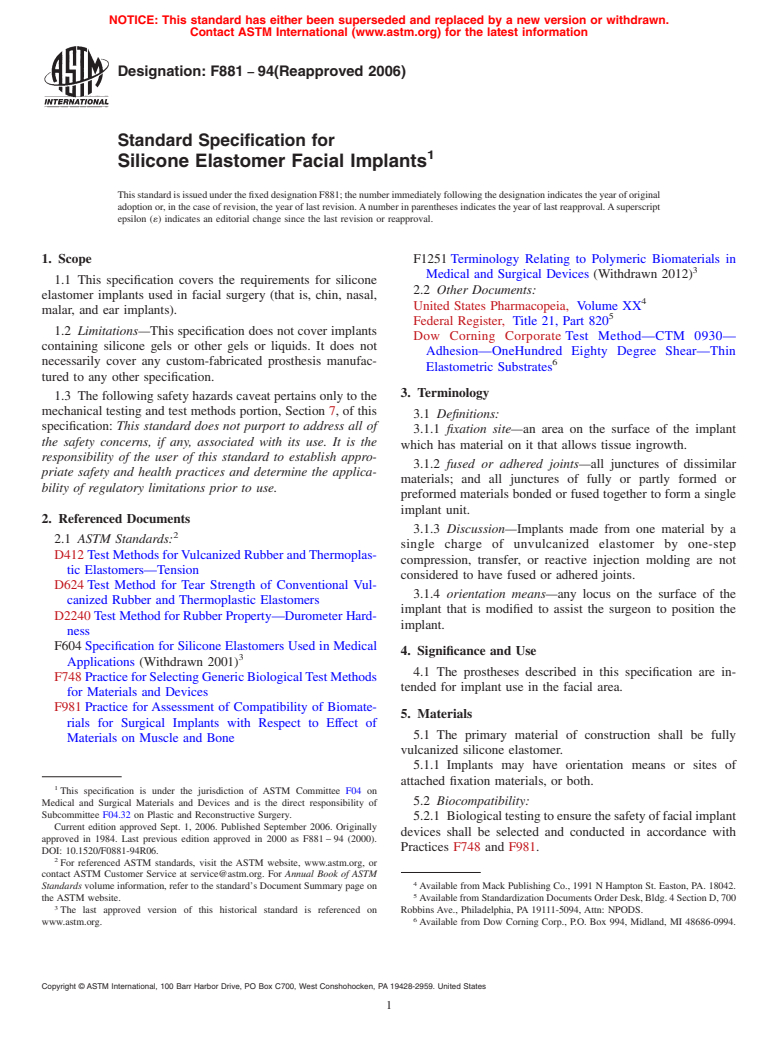 ASTM F881-94(2006) - Standard Specification for Silicone Elastomer Facial Implants