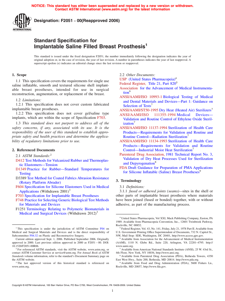 ASTM F2051-00(2006) - Standard Specification for Implantable Saline Filled Breast Prosthesis