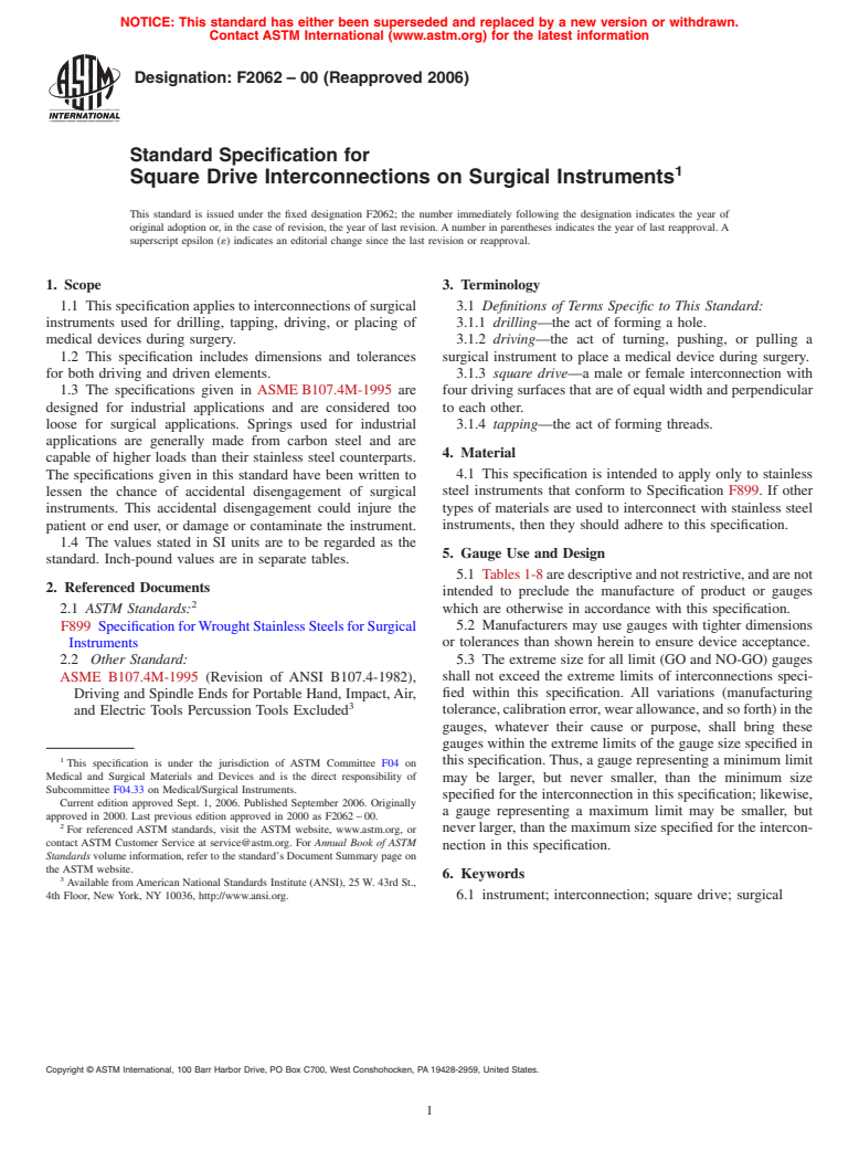 ASTM F2062-00(2006) - Standard Specification for Square Drive Interconnections on Surgical Instruments