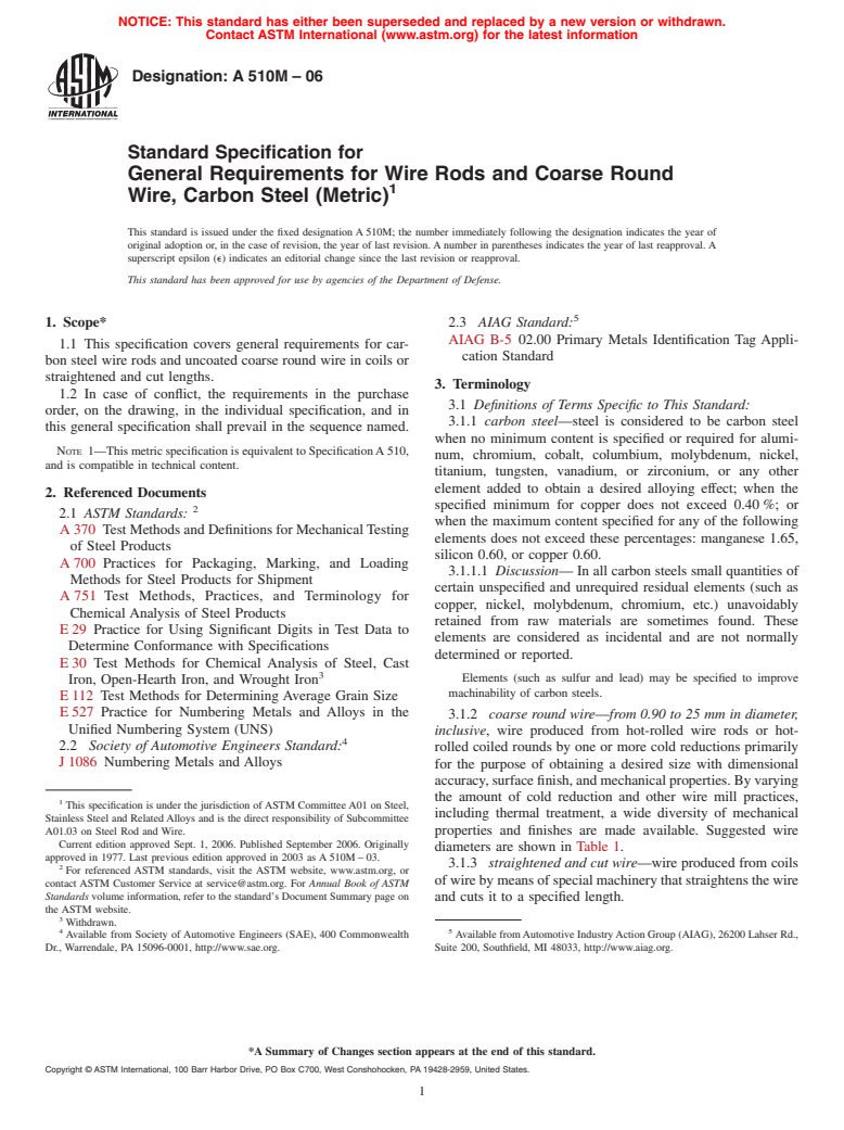 ASTM A510M-06 - Standard Specification for General Requirements for Wire Rods and Coarse Round Wire, Carbon Steel [Metric]