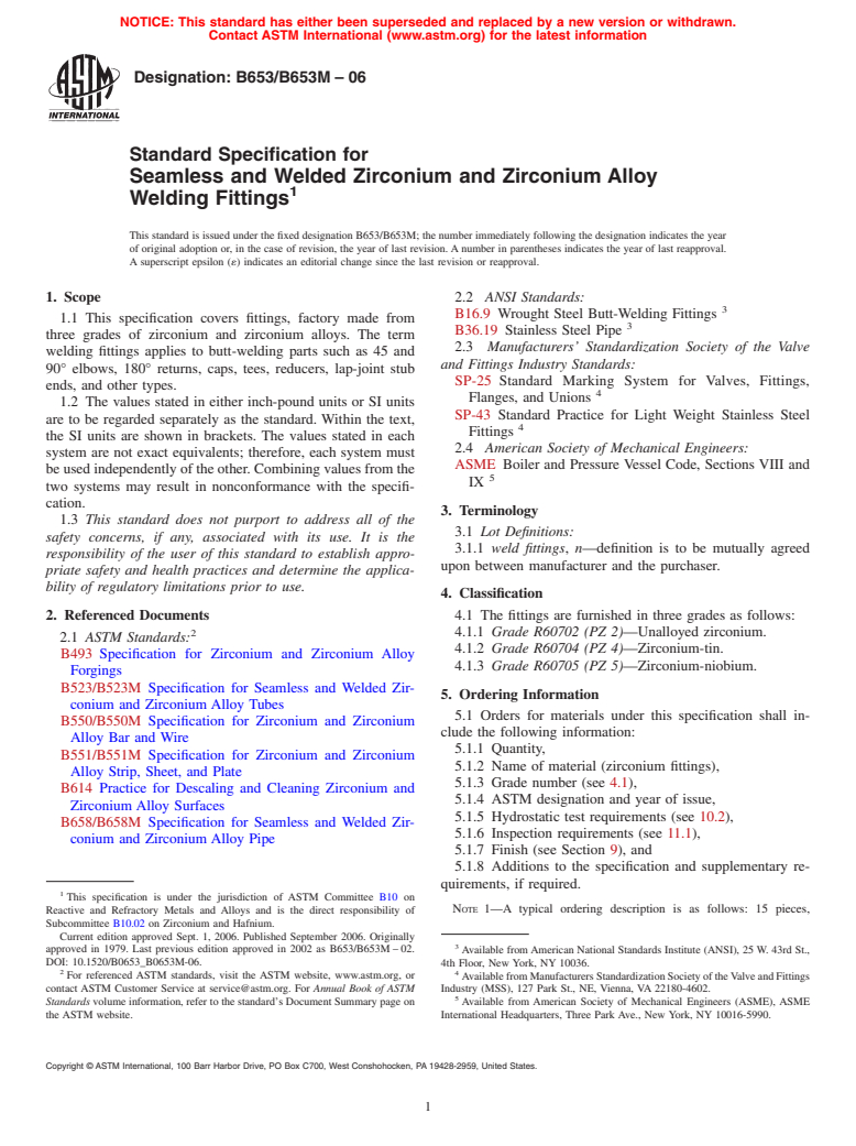 ASTM B653/B653M-06 - Standard Specification for Seamless and Welded Zirconium and Zirconium Alloy Welding Fittings