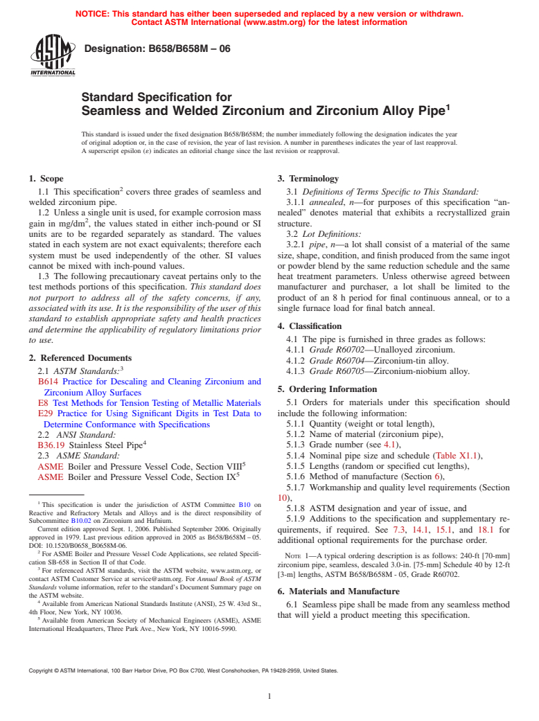 ASTM B658/B658M-06 - Standard Specification for Seamless and Welded Zirconium and Zirconium Alloy Pipe