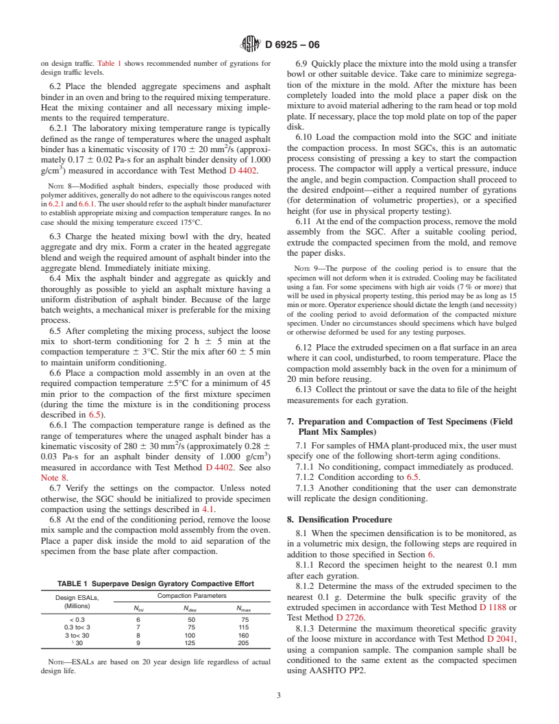 ASTM D6925-06 - Standard Test Method for Preparation and Determination of the Relative Density of Hot Mix Asphalt (HMA) Specimens by Means of the Superpave Gyratory Compactor