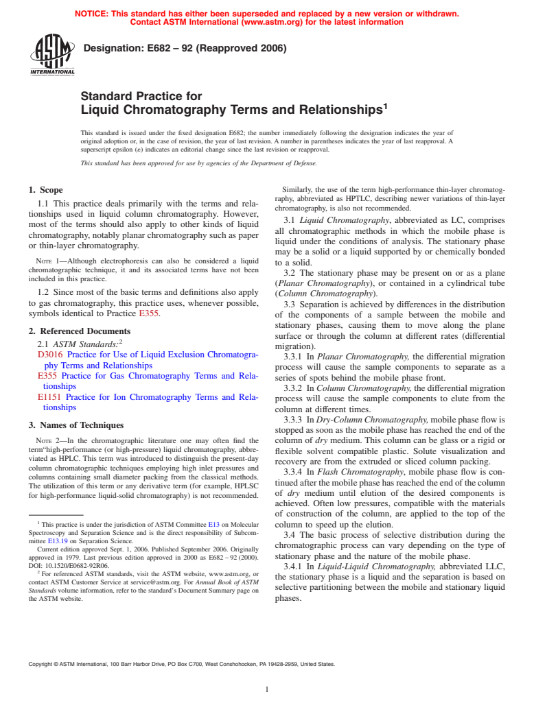 ASTM E682-92(2006) - Standard Practice for Liquid Chromatography Terms and Relationships