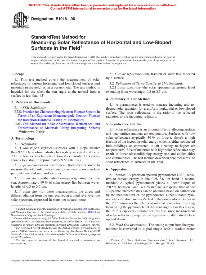 ASTM E1918-06 - Standard Test Method for Measuring Solar Reflectance of Horizontal and Low-Sloped Surfaces in the Field