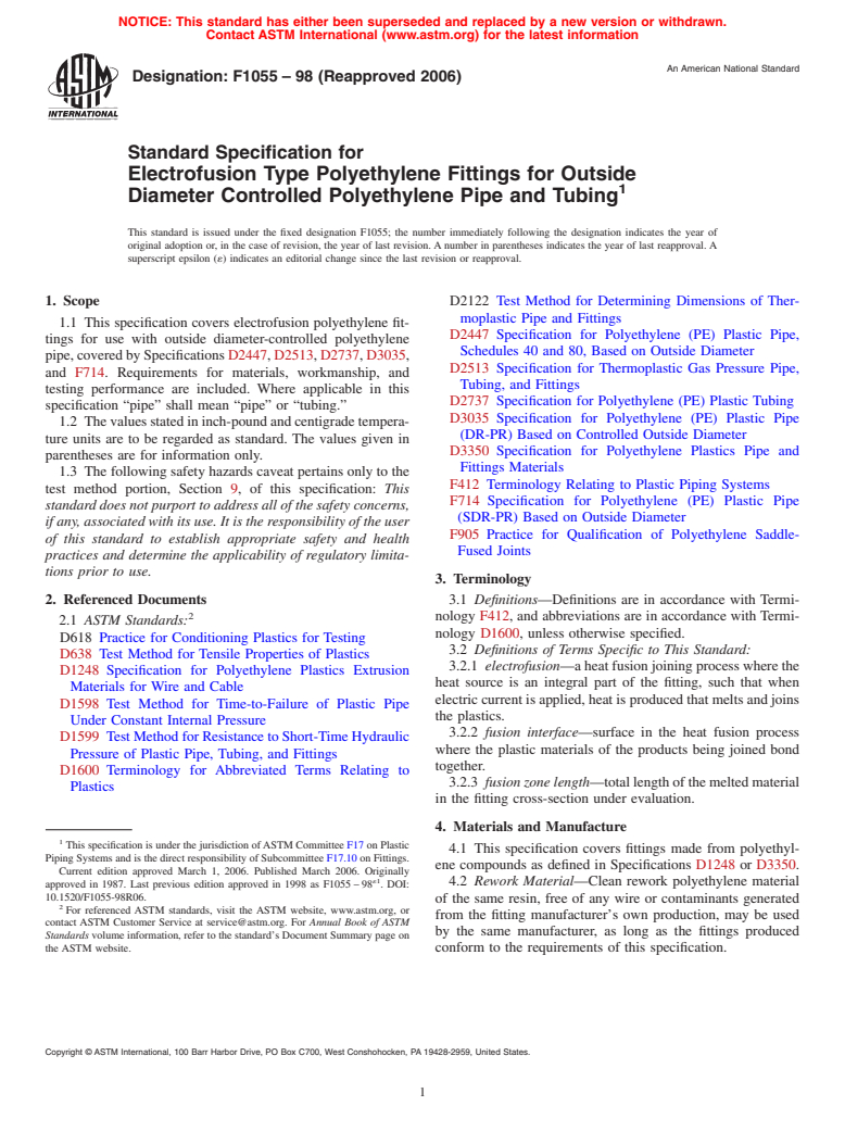 ASTM F1055-98(2006) - Standard Specification for Electrofusion Type Polyethylene Fittings for Outside Diameter Controlled Polyethylene Pipe and Tubing