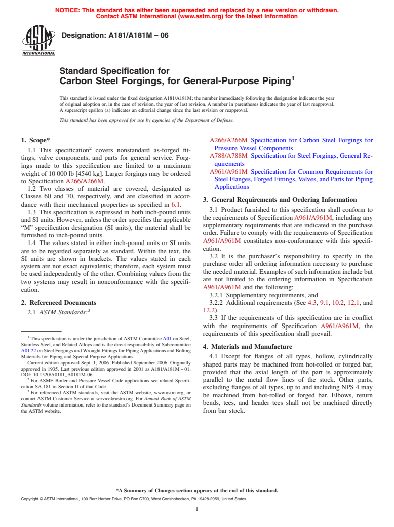 ASTM A181/A181M-06 - Standard Specification for Carbon Steel Forgings, for General-Purpose Piping