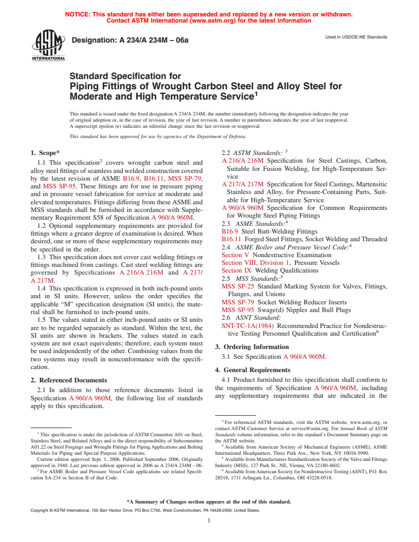 ASTM A234/A234M-06a - Standard Specification for Piping Fittings of Wrought Carbon Steel and Alloy Steel for Moderate and High Temperature Service