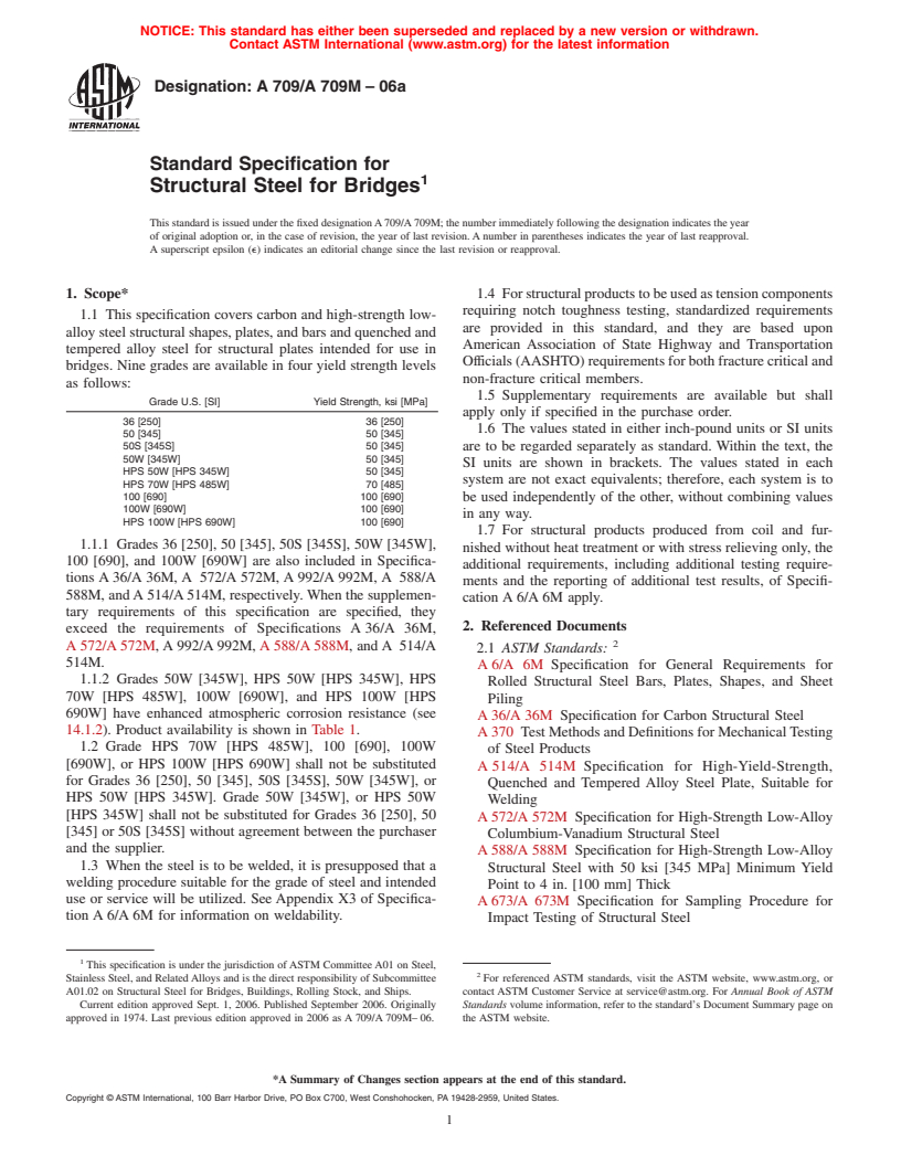 ASTM A709/A709M-06a - Standard Specification for Structural Steel for Bridges