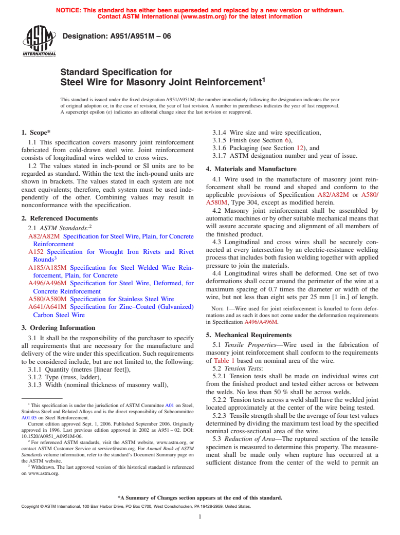 ASTM A951/A951M-06 - Standard Specification for Steel Wire for Masonry Joint Reinforcement