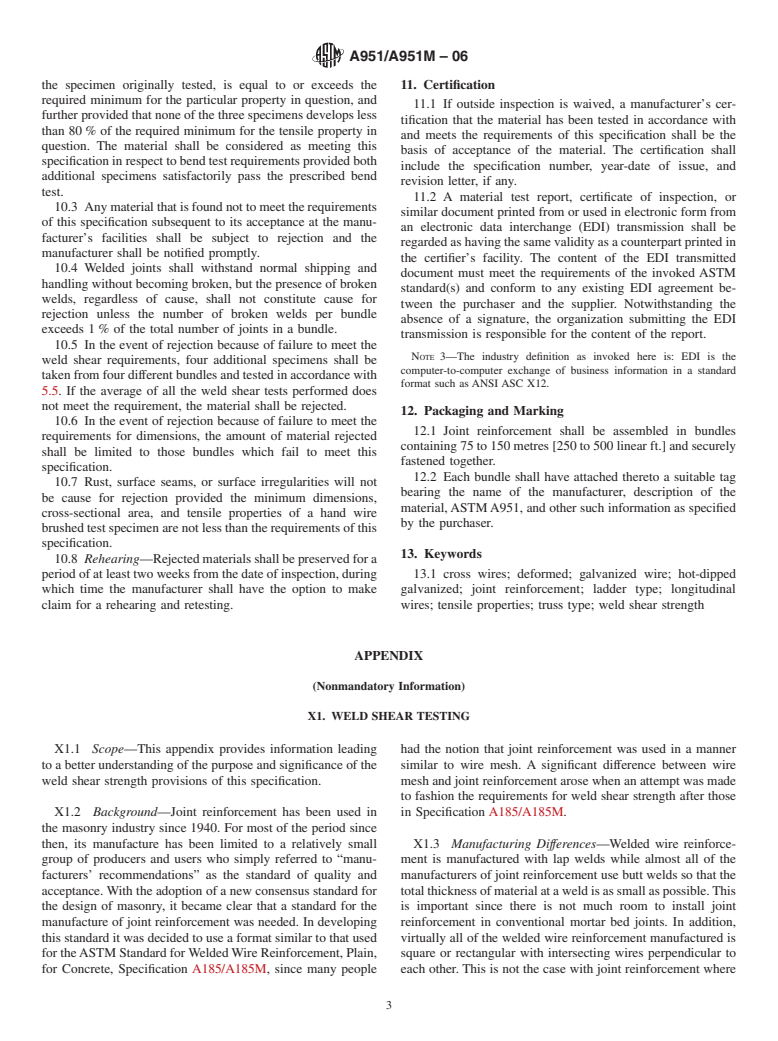 ASTM A951/A951M-06 - Standard Specification for Steel Wire for Masonry Joint Reinforcement