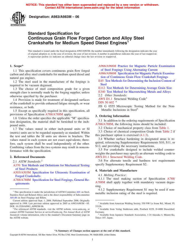 ASTM A983/A983M-06 - Standard Specification for Continuous Grain Flow Forged Carbon and Alloy Steel Crankshafts for Medium Speed Diesel Engines