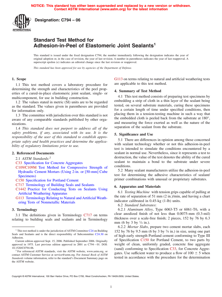 ASTM C794-06 - Standard Test Method for Adhesion-in-Peel of Elastomeric Joint Sealants