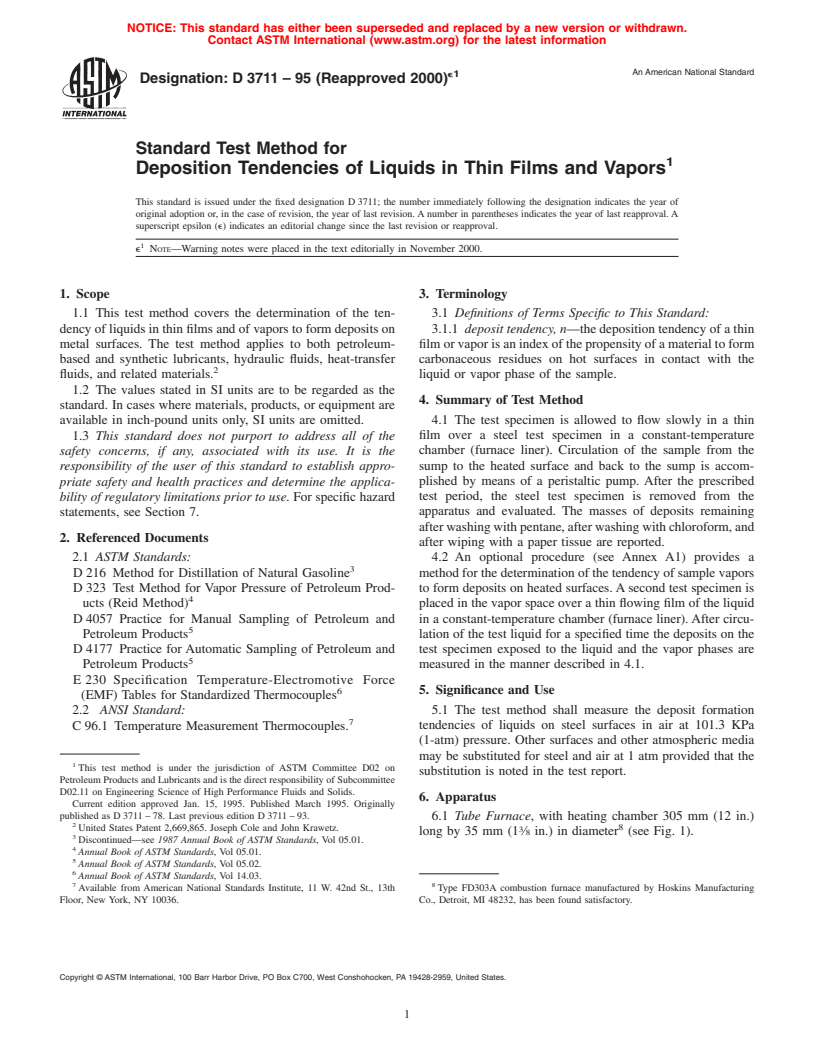 ASTM D3711-95(2000)e1 - Standard Test Method for Deposition Tendencies of Liquids in Thin Films and Vapors