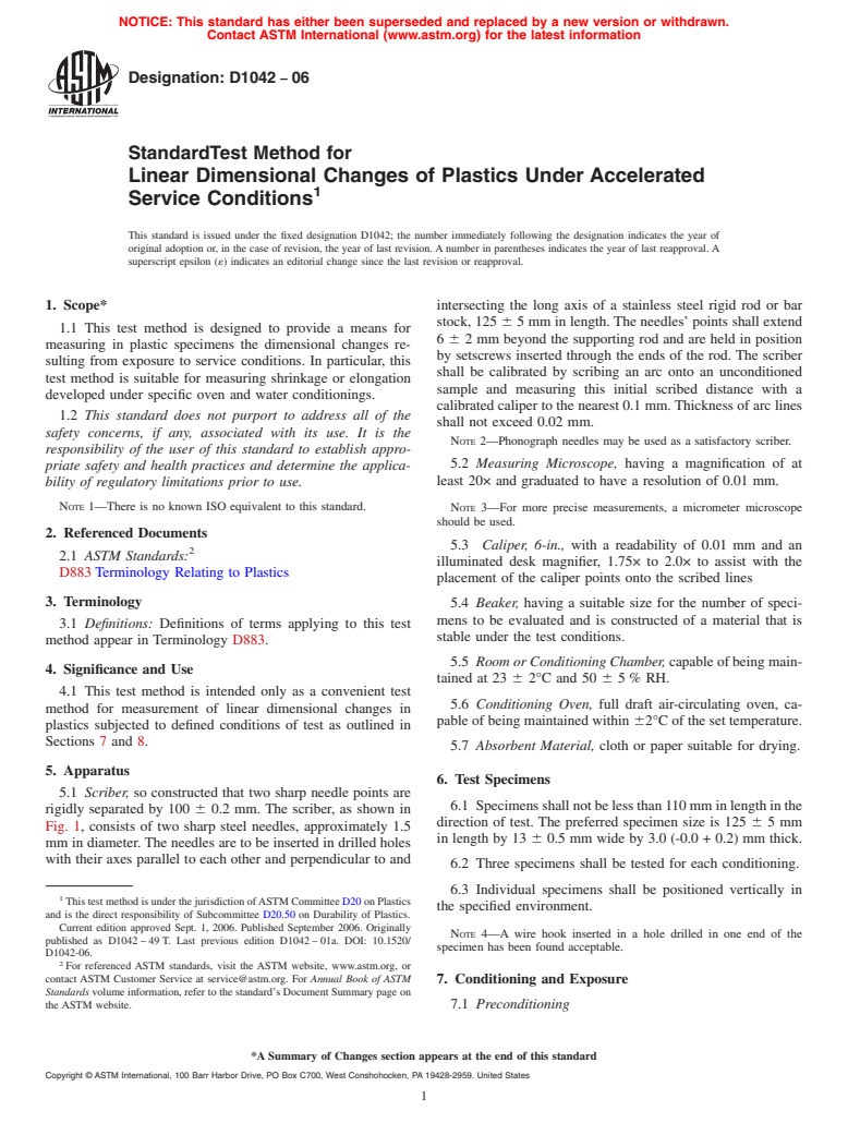 ASTM D1042-06 - Standard Test Method for Linear Dimensional Changes of Plastics Under Accelerated Service Conditions