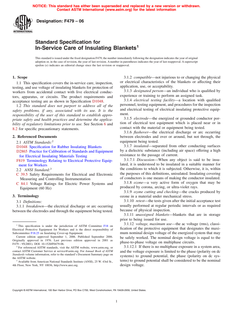 ASTM F479-06 - Standard Specification for In-Service Care of Insulating Blankets