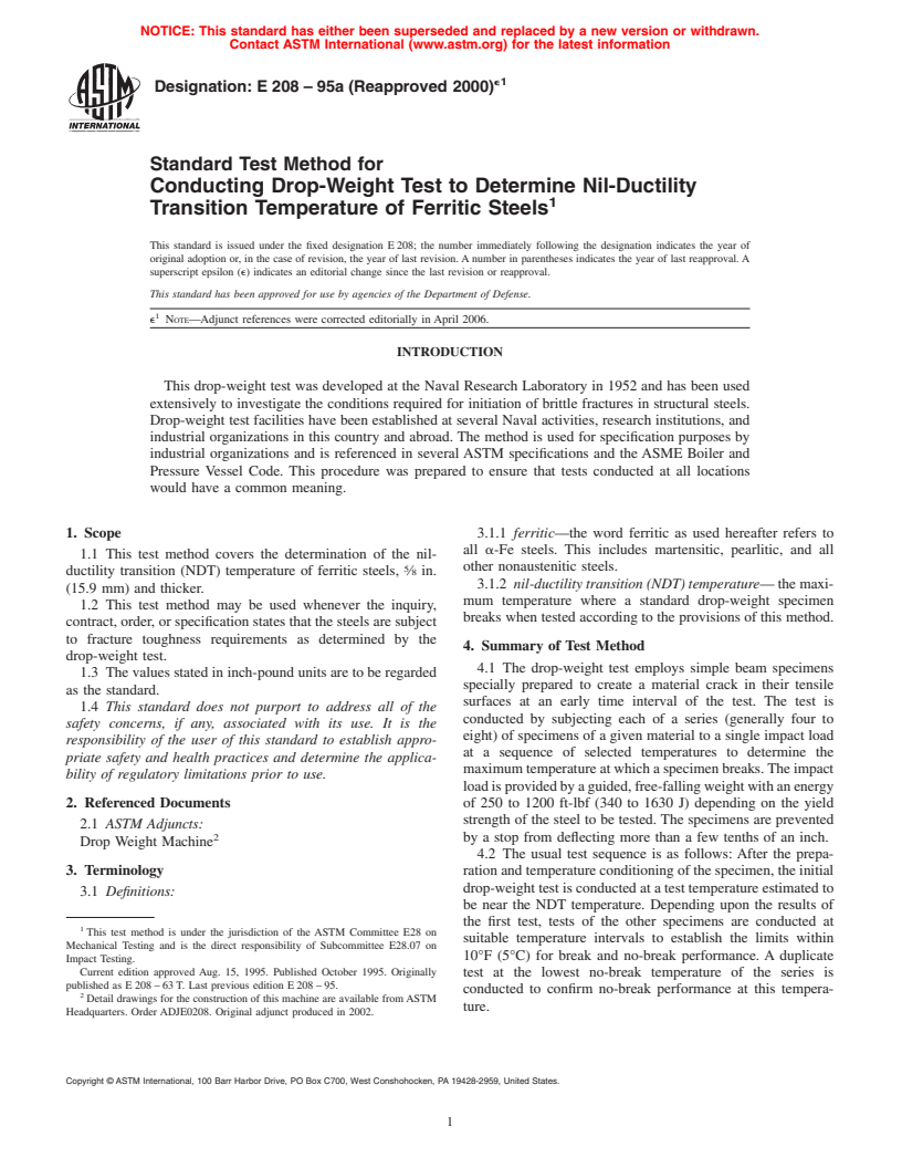 ASTM E208-95a(2000)e1 - Standard Test Method for Conducting Drop-Weight Test to Determine Nil-Ductility Transition Temperature of Ferritic Steels