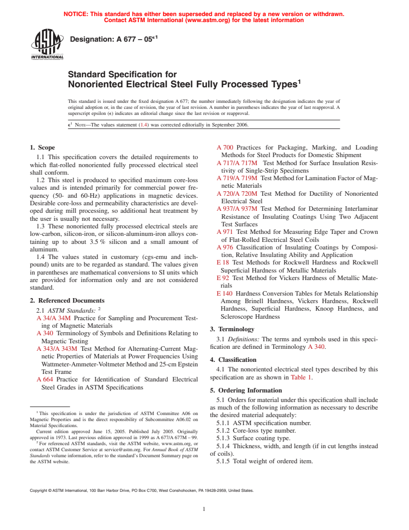 ASTM A677-05e1 - Standard Specification for Nonoriented Electrical Steel Fully Processed Types