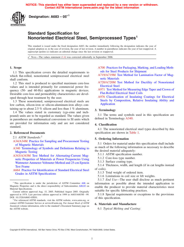 ASTM A683-05e1 - Standard Specification for Nonoriented Electrical Steel, Semiprocessed Types