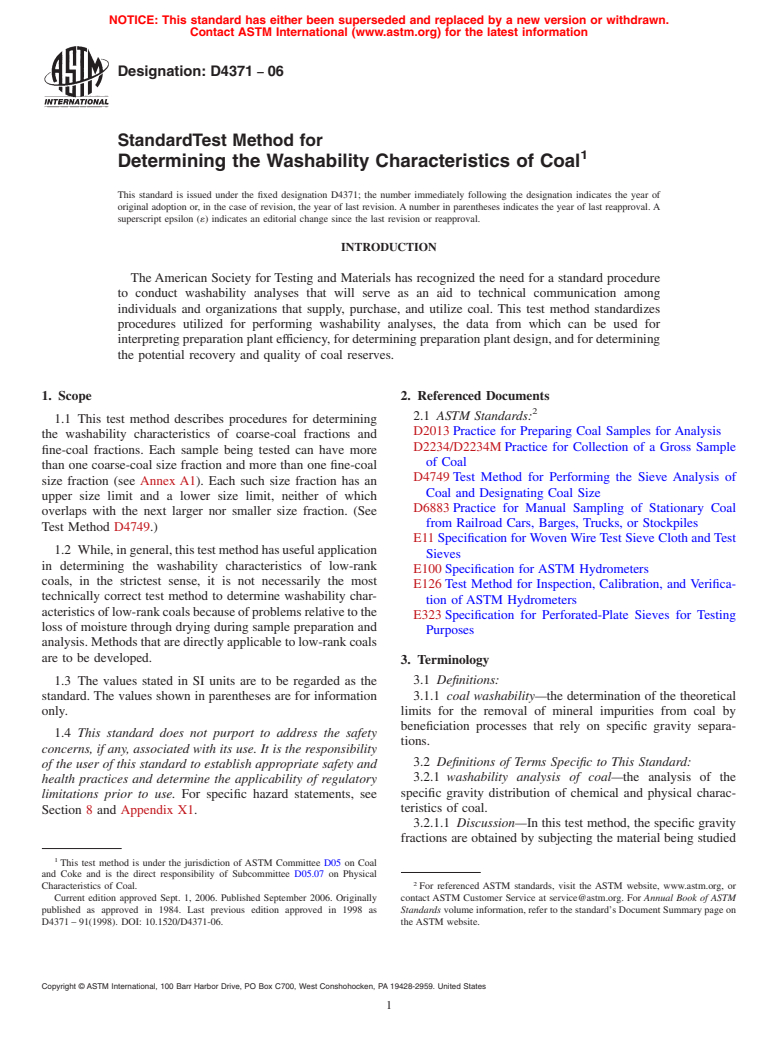 ASTM D4371-06 - Standard Test Method for Determining the Washability Characteristics of Coal