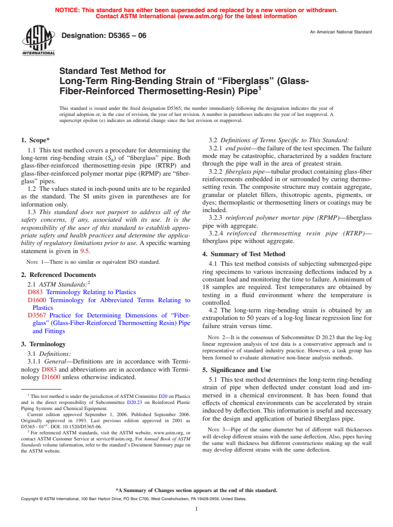 ASTM D5365-06 - Standard Test Method for Long-Term Ring-Bending Strain of "Fiberglass" (Glass-Fiber-Reinforced Thermosetting-Resin) Pipe