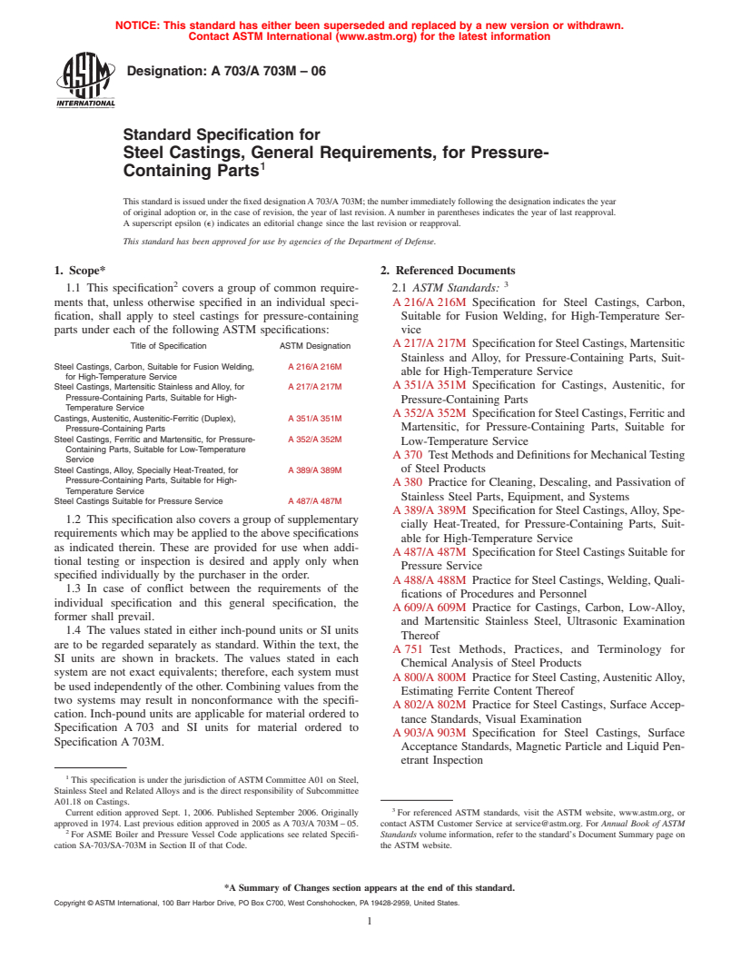 ASTM A703/A703M-06 - Standard Specification for Steel Castings, General Requirements, for Pressure-Containing Parts