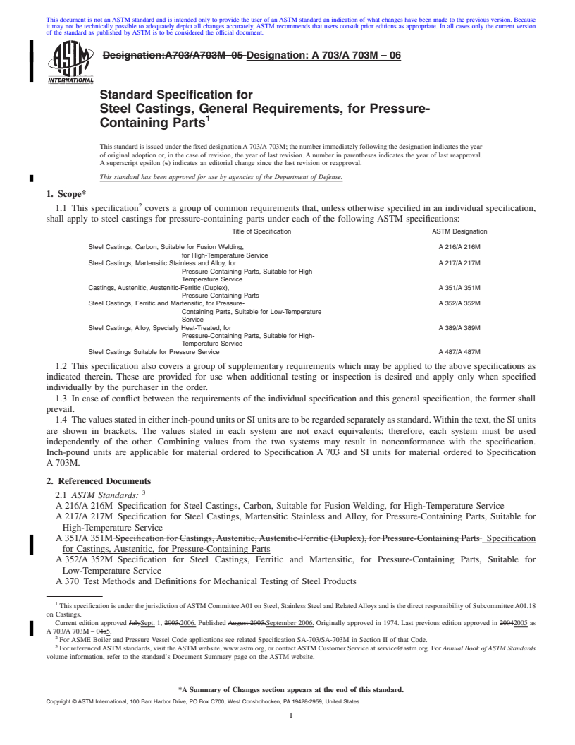 REDLINE ASTM A703/A703M-06 - Standard Specification for Steel Castings, General Requirements, for Pressure-Containing Parts