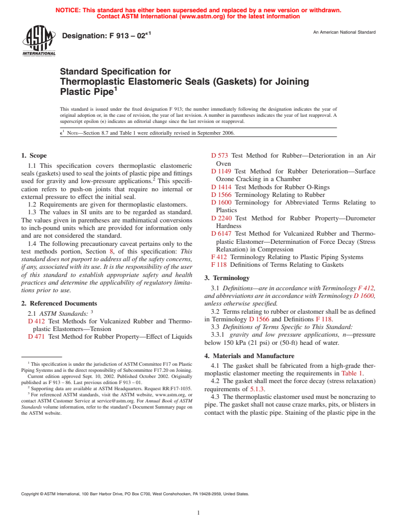 ASTM F913-02e1 - Standard Specification for Thermoplastic Elastomeric Seals (Gaskets) for Joining Plastic Pipe