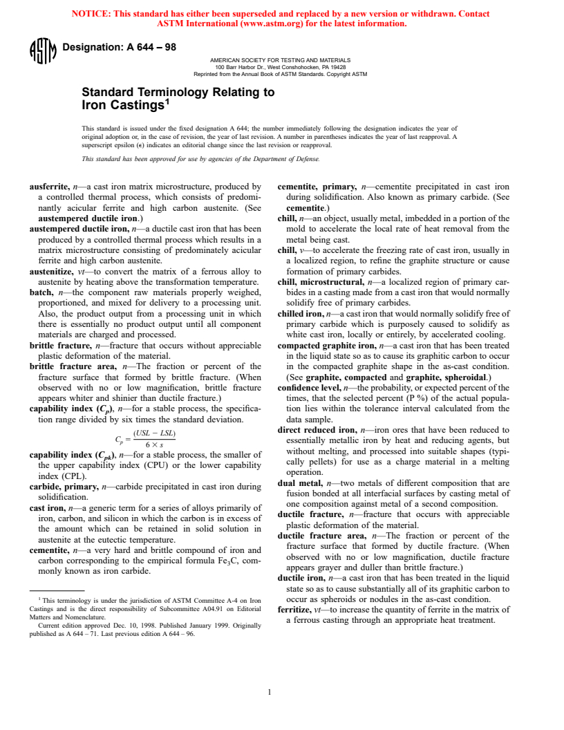 ASTM A644-98 - Standard Terminology Relating to Iron Castings