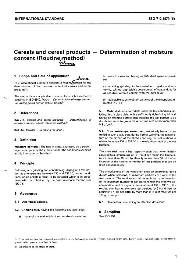 ISO 712:1979 - Cereals and cereal products -- Determination of moisture content (Routine reference method)