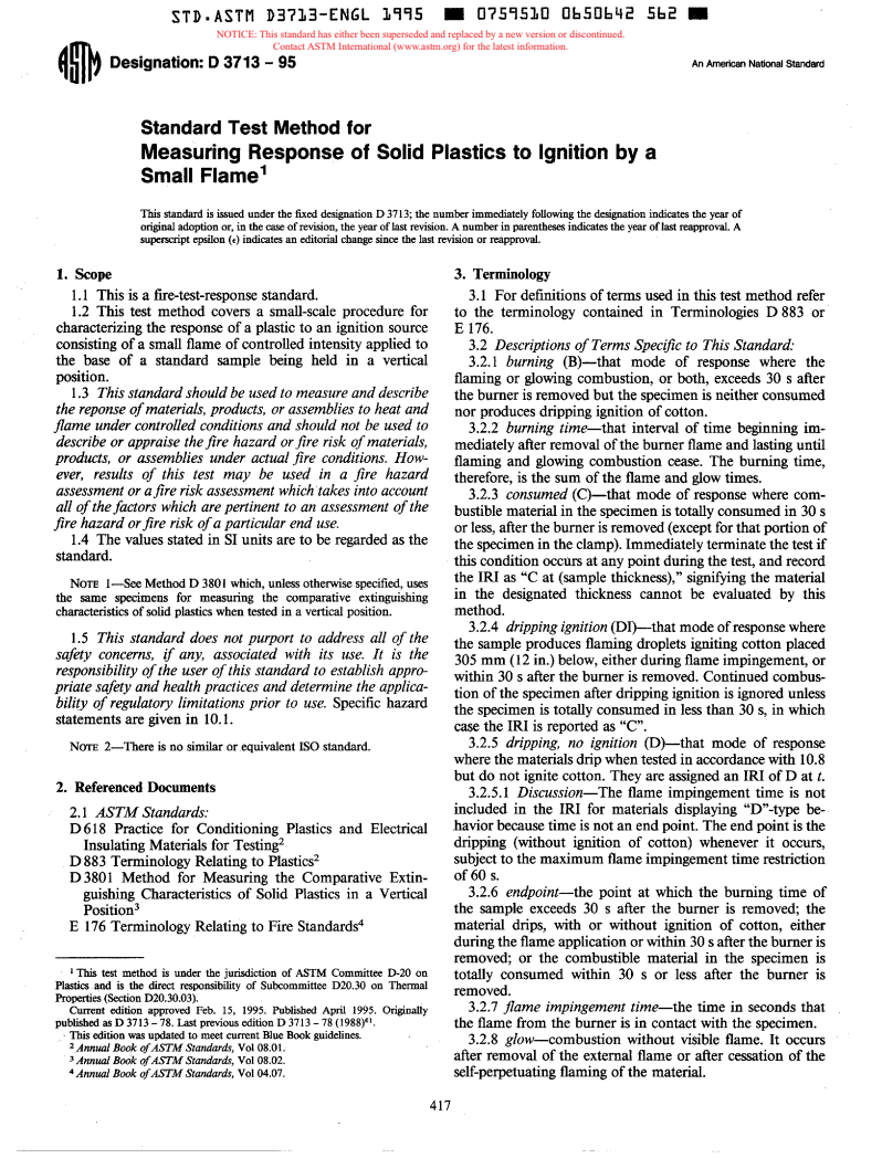 ASTM D3713-95 - Standard Test Method for Measuring Response of Solid Plastics to Ignition by a Small Flame (Withdrawn 2000)