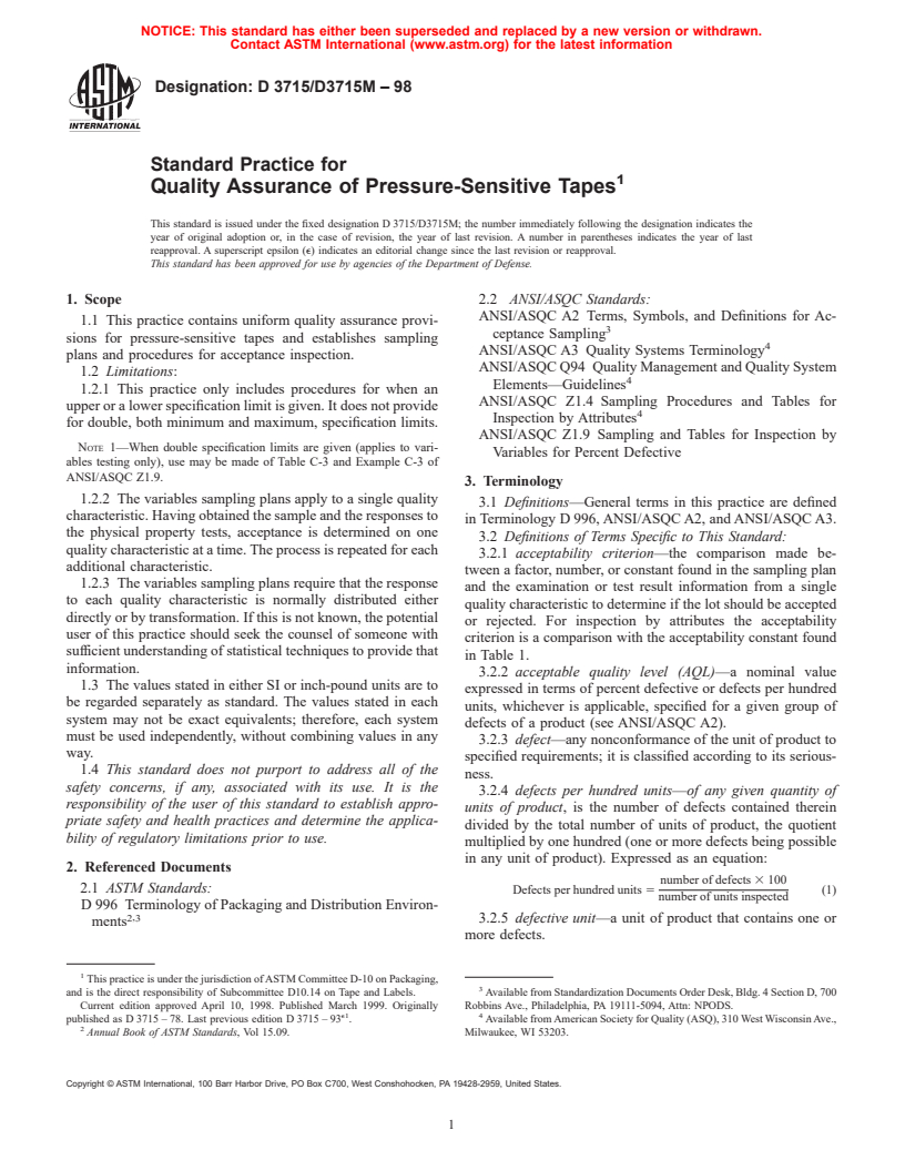 ASTM D3715/D3715M-98 - Standard Practice for Quality Assurance of Pressure-Sensitive Tapes
