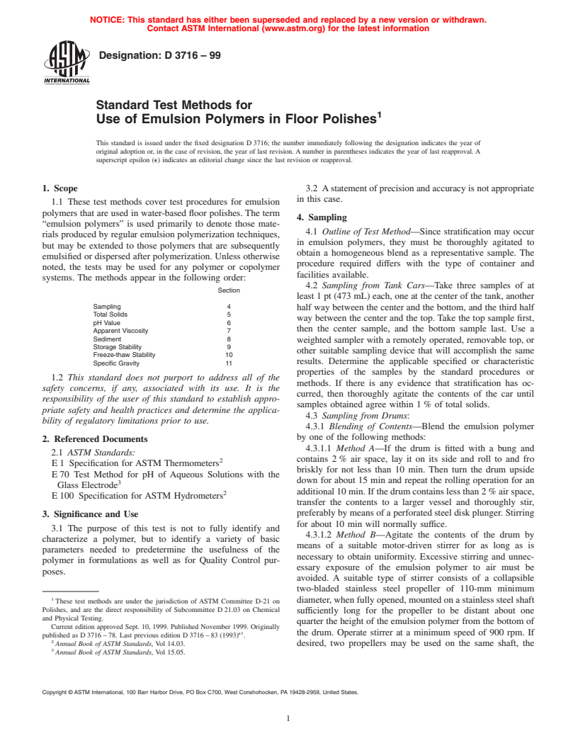 ASTM D3716-99 - Standard Test Methods for Use of Emulsion Polymers in Floor Polishes