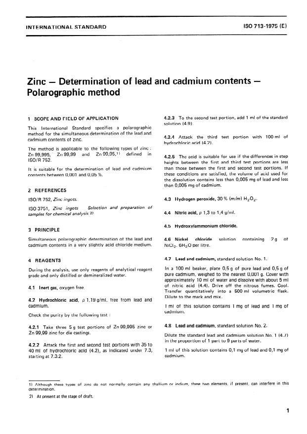 ISO 713:1975 - Zinc -- Determination of lead and cadmium contents -- Polarographic method