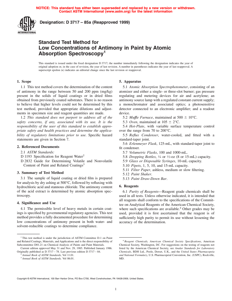 ASTM D3717-85a(1999) - Standard Test Method for Low Concentrations of Antimony in Paint by Atomic Absorption Spectroscopy