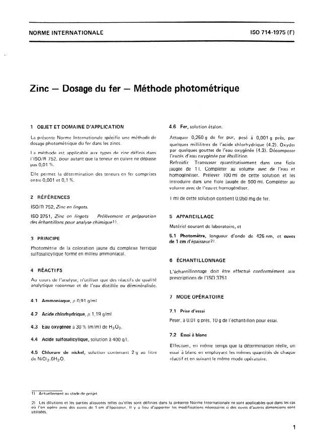 ISO 714:1975 - Zinc -- Dosage du fer -- Méthode photométrique