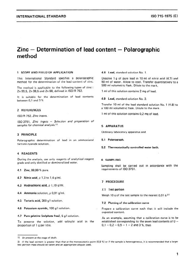 ISO 715:1975 - Zinc -- Determination of lead content -- Polarographic method