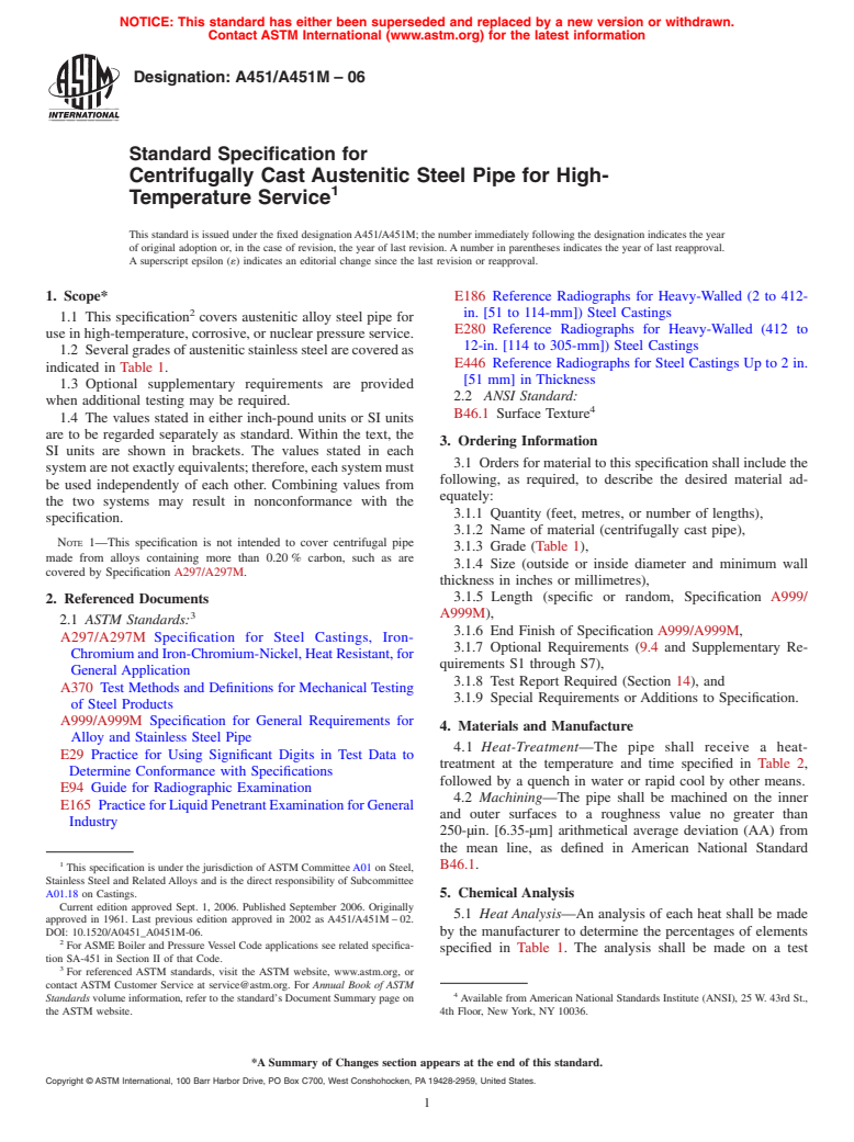 ASTM A451/A451M-06 - Standard Specification for Centrifugally Cast Austenitic Steel Pipe for High-Temperature Service