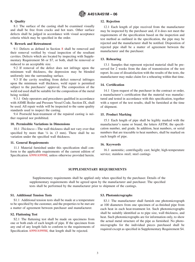ASTM A451/A451M-06 - Standard Specification for Centrifugally Cast Austenitic Steel Pipe for High-Temperature Service