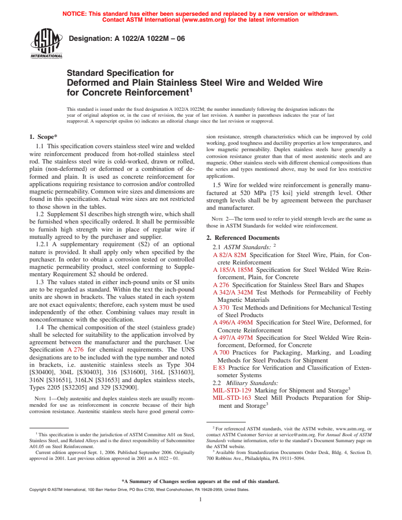 ASTM A1022/A1022M-06 - Standard Specification for Deformed and Plain Stainless Steel Wire and Welded Wire for Concrete Reinforcement