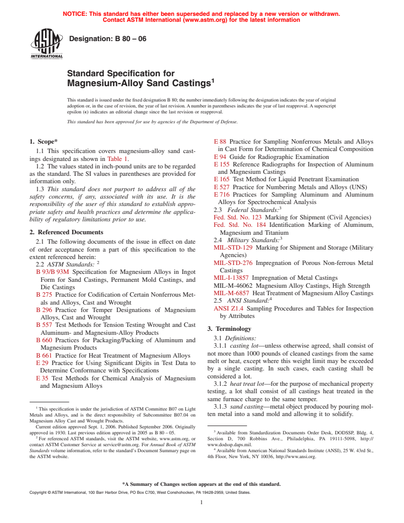 ASTM B80-06 - Standard Specification for Magnesium-Alloy Sand Castings